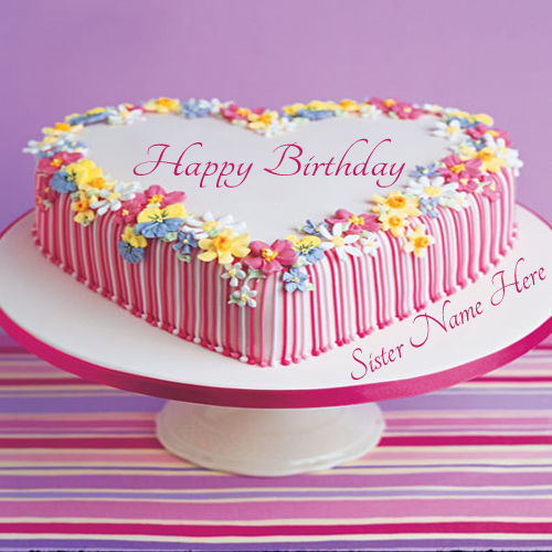 Write Name On Pink Flower Birthday Cake For Sister